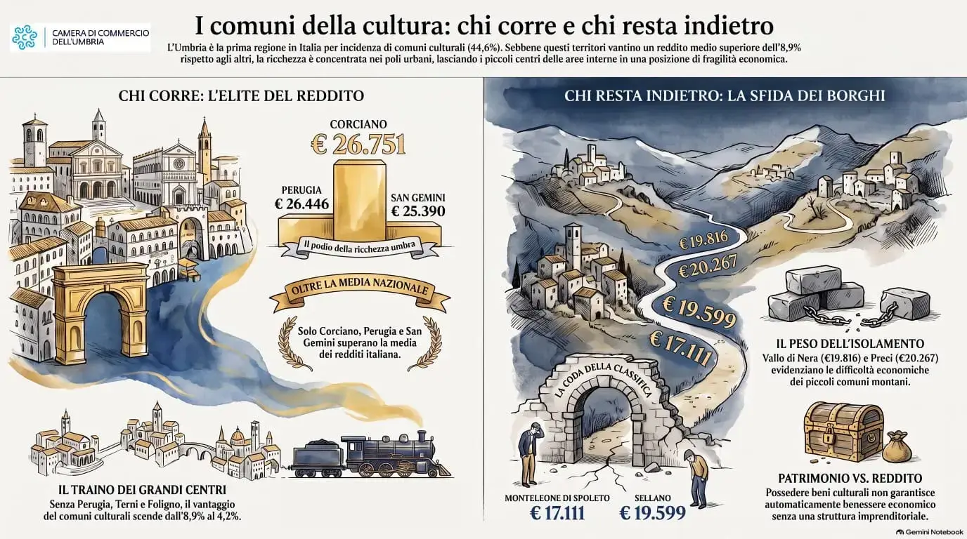 Comuni culturali, ecco la classifica per redditi: bene Corciano, male Spoleto